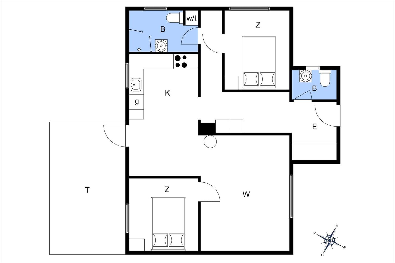 Wohnung mit zwei Schlafzimmern, Küche und Bad.