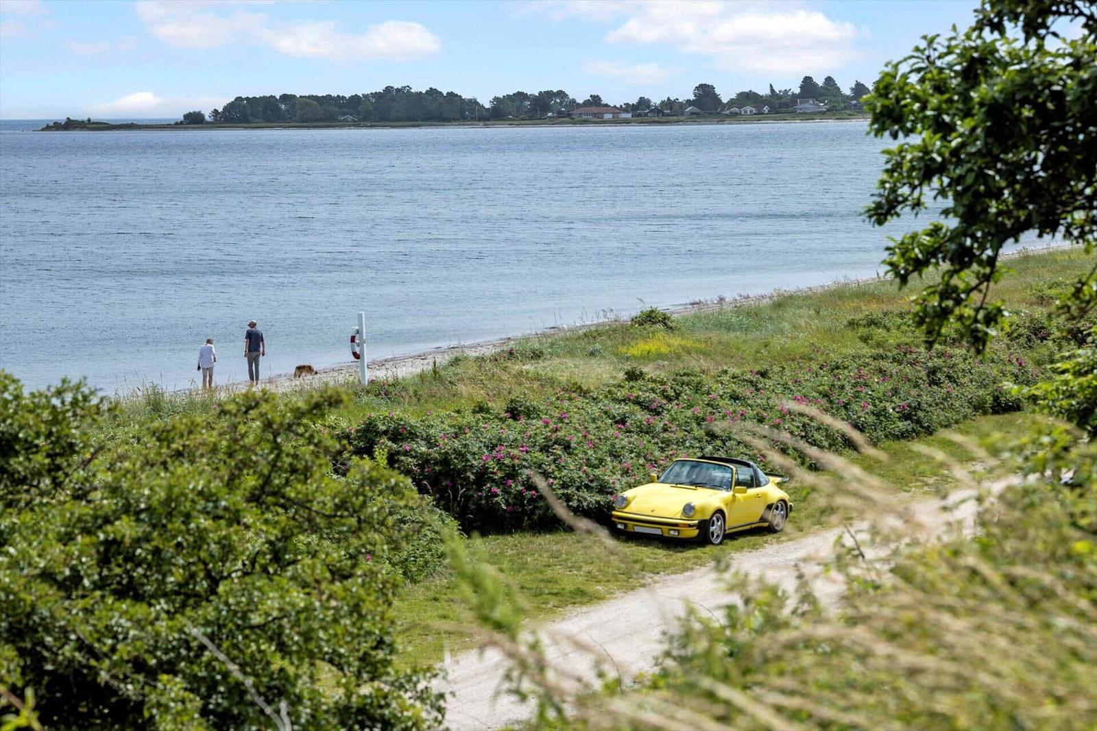 Ein gelbes Auto steht auf einem Weg neben einem Strand mit Gras und Blumen. Zwei Personen gehen am Wasser entlang.