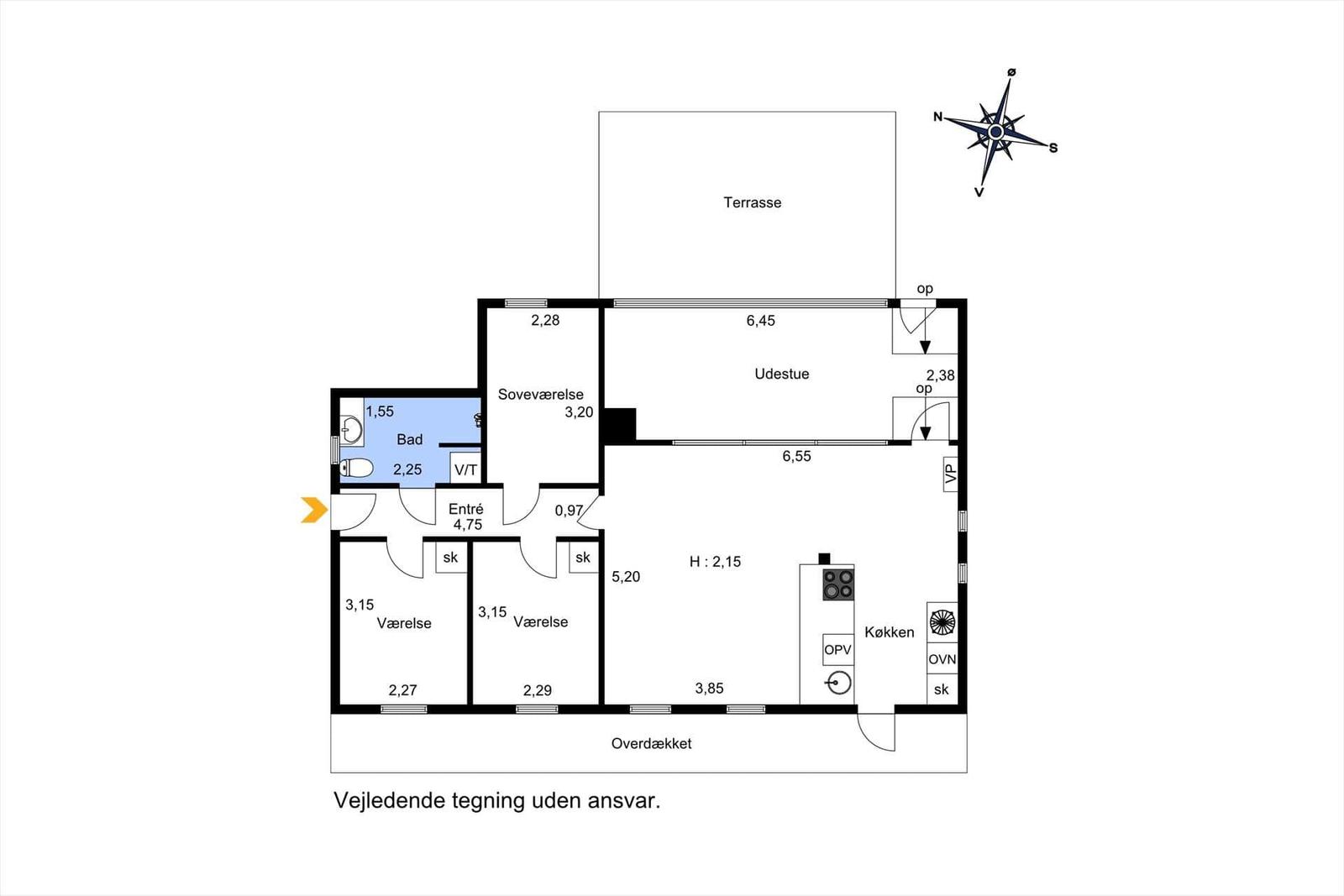 Die Wohnung hat zwei Schlafzimmer, eine Küche, ein Bad und eine Terrasse.