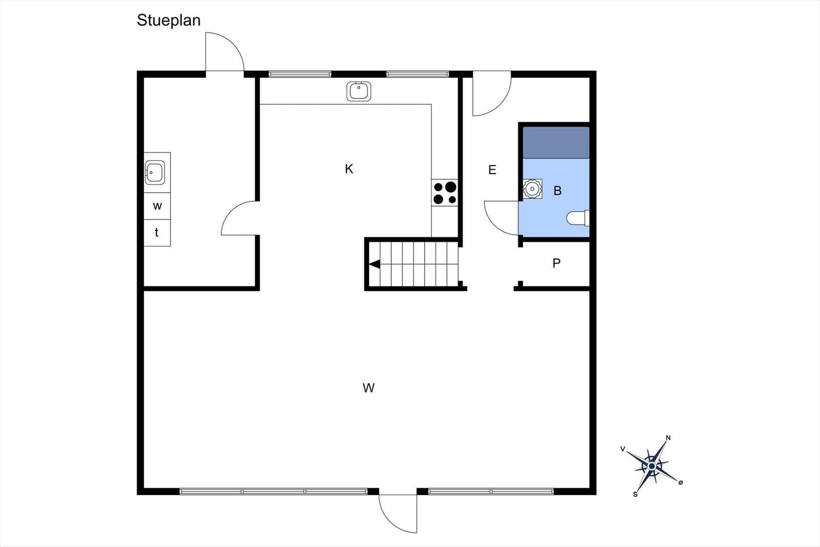 Stueplan zeigt Küche, Bad, Wohnbereich und Treppe.