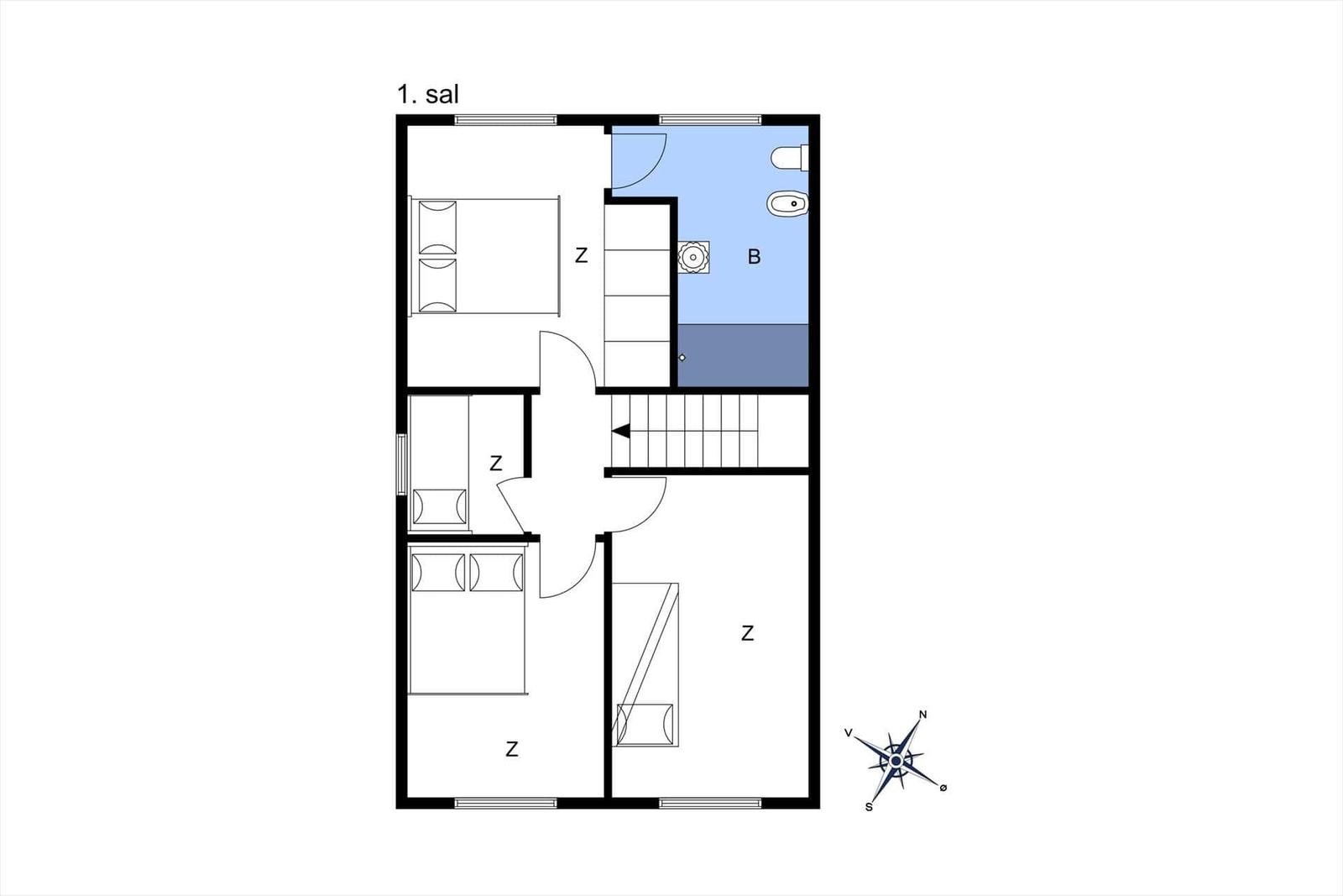 Erstes Stockwerk mit Schlafzimmer, Bad und Treppenhaus.
