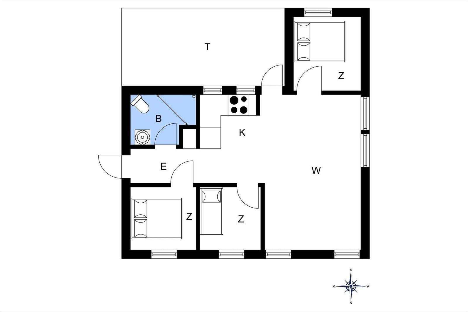 Wohnung mit Küche, Bad, zwei Schlafzimmern und Wohnzimmer.