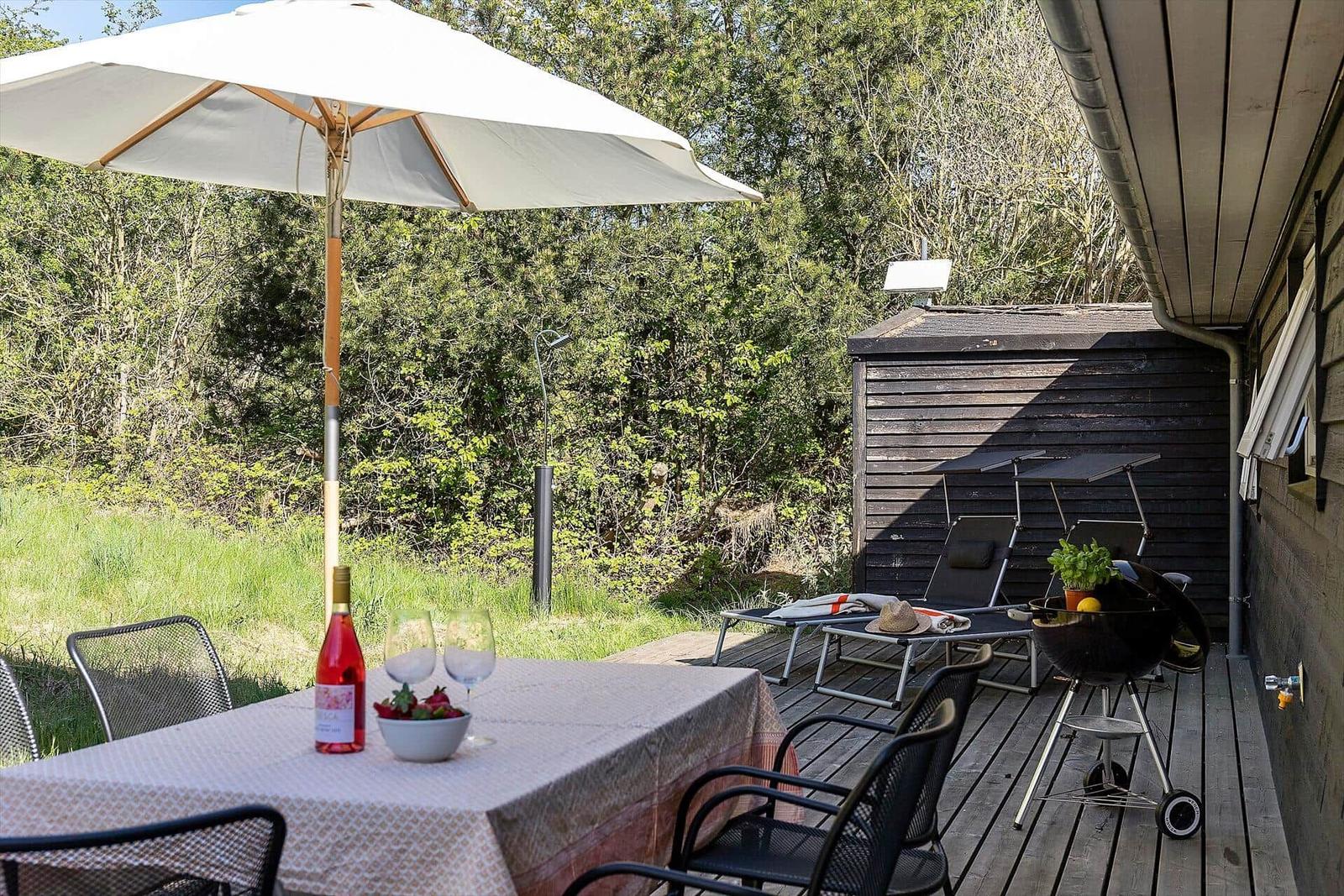 Terrasse mit Tisch, Sonnenschirm, Liegen und Grill. Hintergrund: Wald und Schuppen.