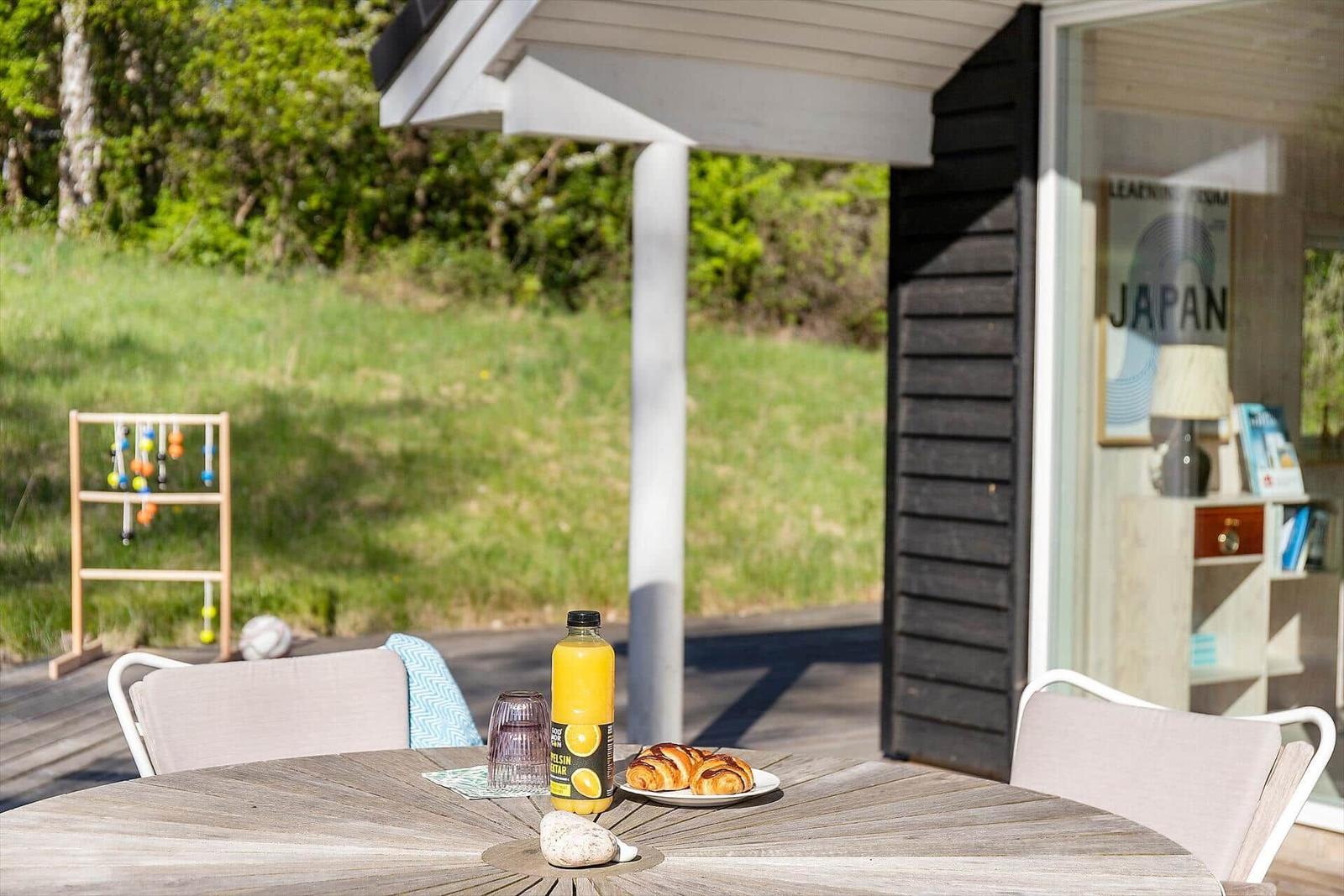 Außenbereich mit Tisch, Stühlen und Frühstück. Im Hintergrund Gras und Spielzeug.
