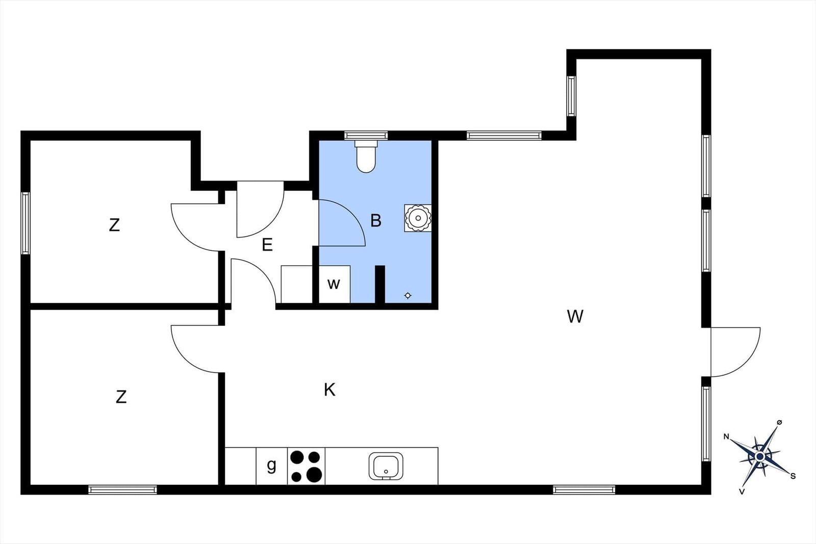 Wohnung mit zwei Schlafzimmern, Küche und Bad. Raumübersicht mit Kompass.