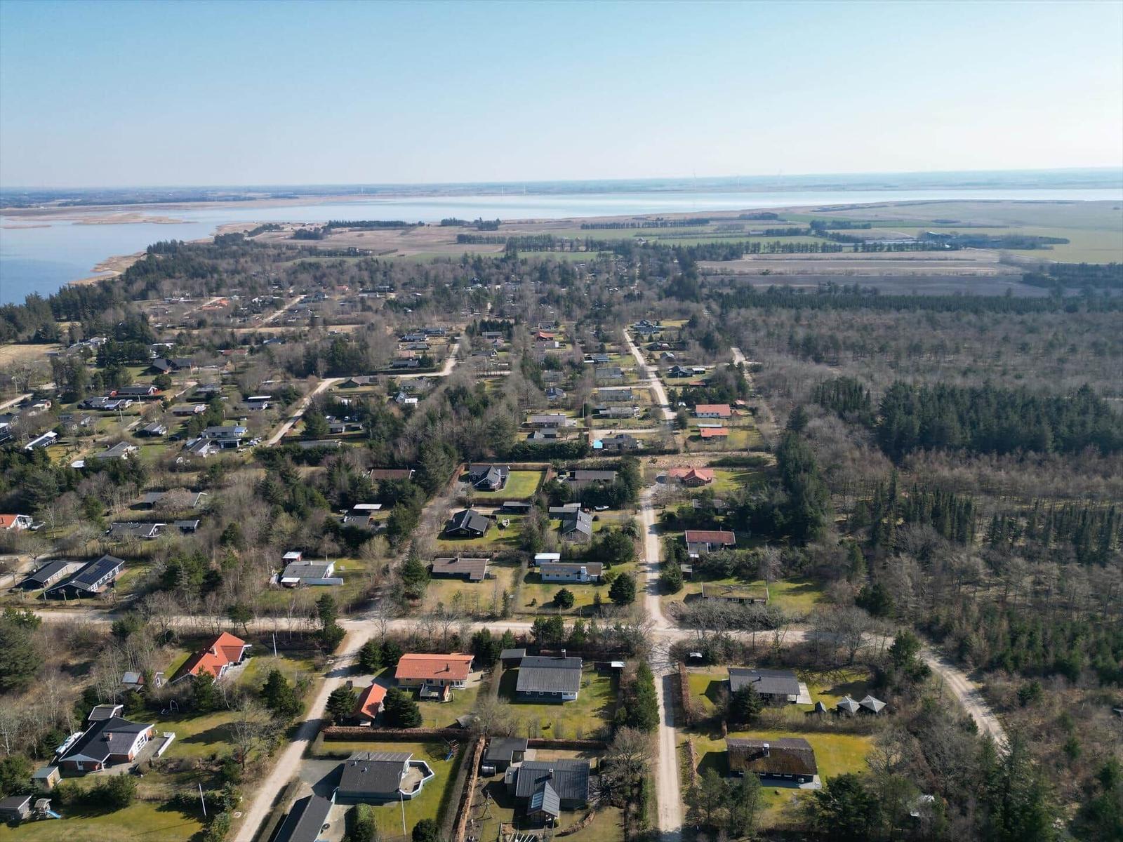 Aerial view of a village near a large body of water with scattered houses and forests.