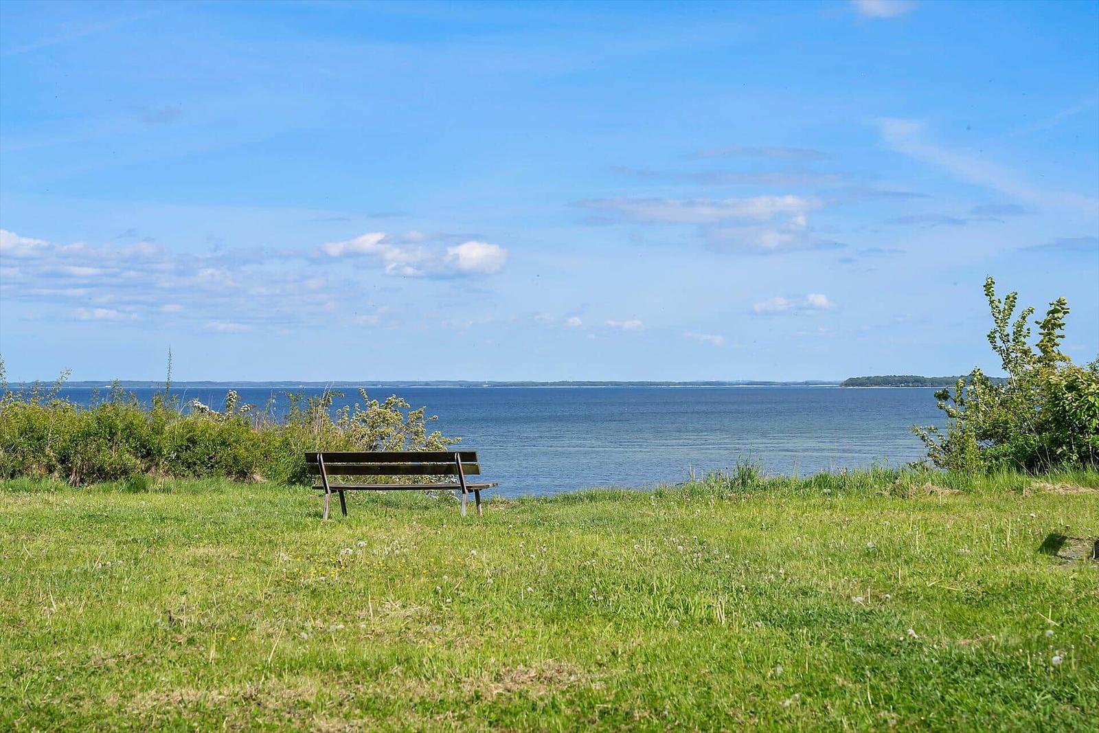 Ein Holzstuhl steht auf einer grünen Wiese am Wasser.
