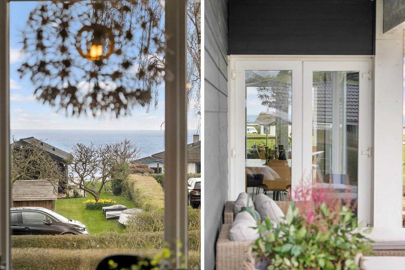 Curtain view of beach and garden. Terrace with seating and glass door.