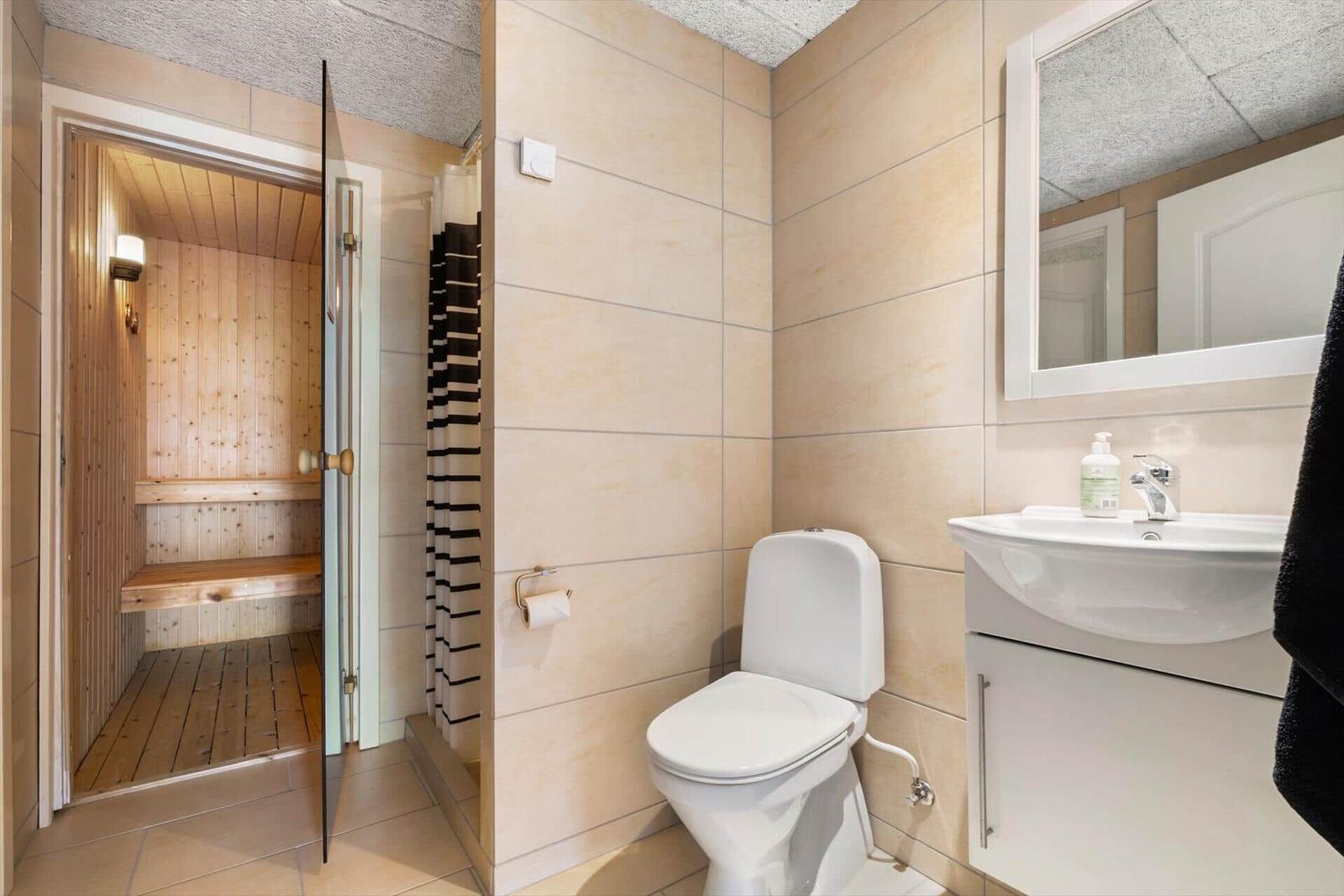 Bathroom with toilet, sink, and shower. Sauna is adjacent.
