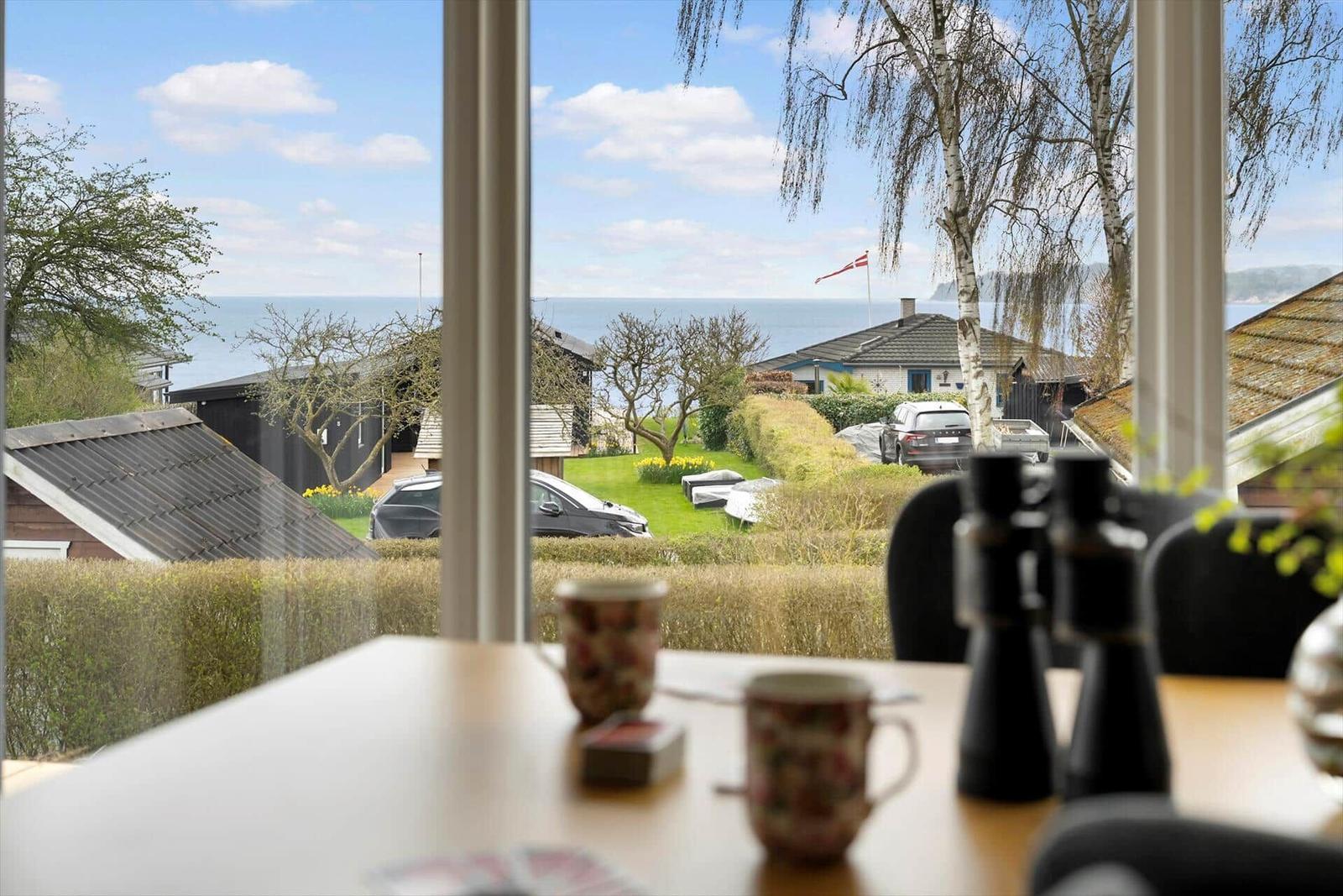 From the window, you see the ocean, trees, and houses.