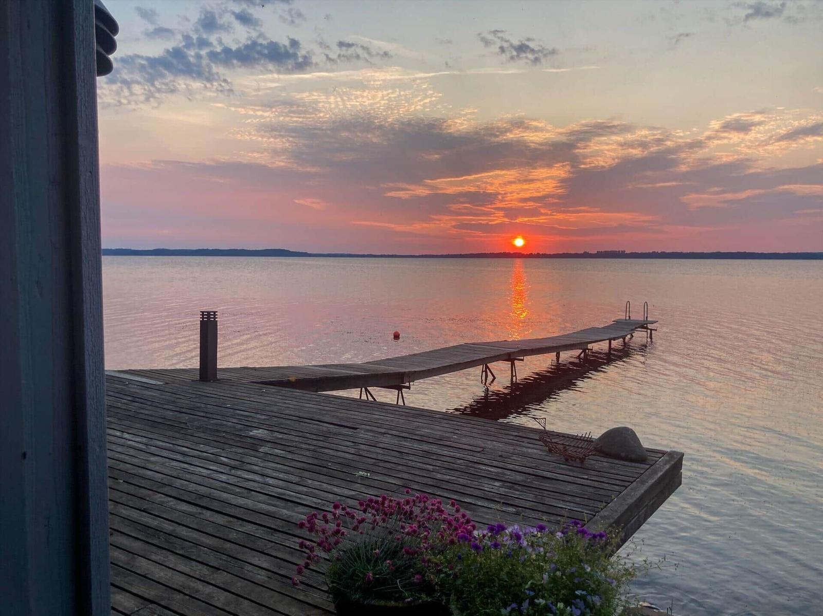 Sonnenuntergang über See mit Holzsteg und Blumenbeet