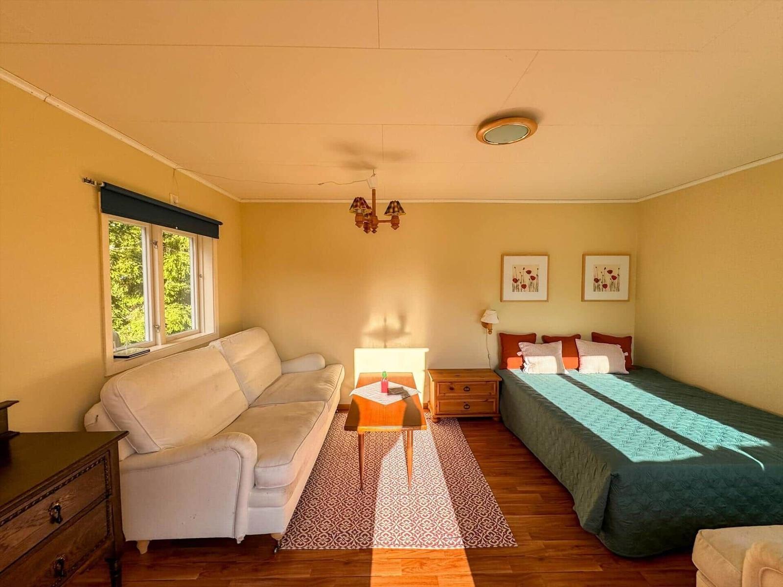 Zimmer mit Sofa, Bett und Fenster. Holzboden und Wandbilder.