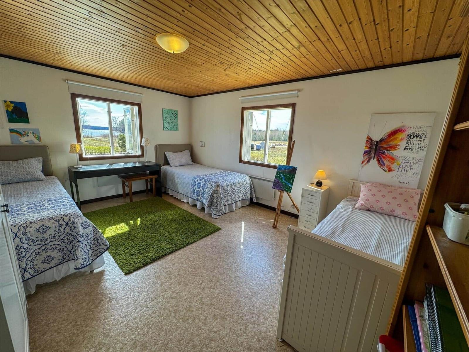 Schlafzimmer mit drei Betten, zwei Fenstern und grünem Teppich.