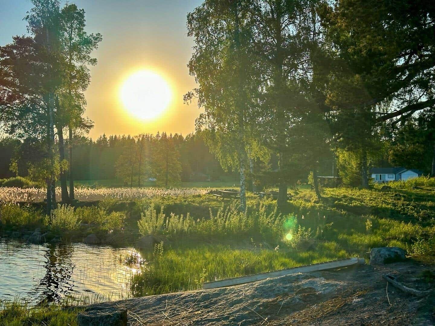 Sonnenuntergang am See mit Bäumen und Gras. Ein Haus ist im Hintergrund sichtbar.
