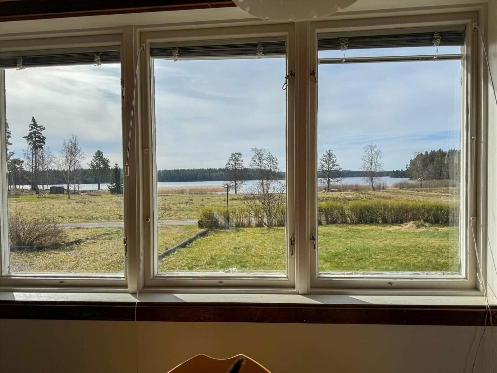 Durch das Fenster blickt man auf einen See mit Grasland und Bäumen.