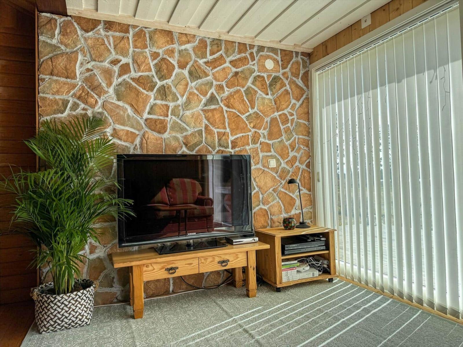 Wohnzimmer mit Steinwand, Fernseher und Pflanze. Fenster mit Jalousien.