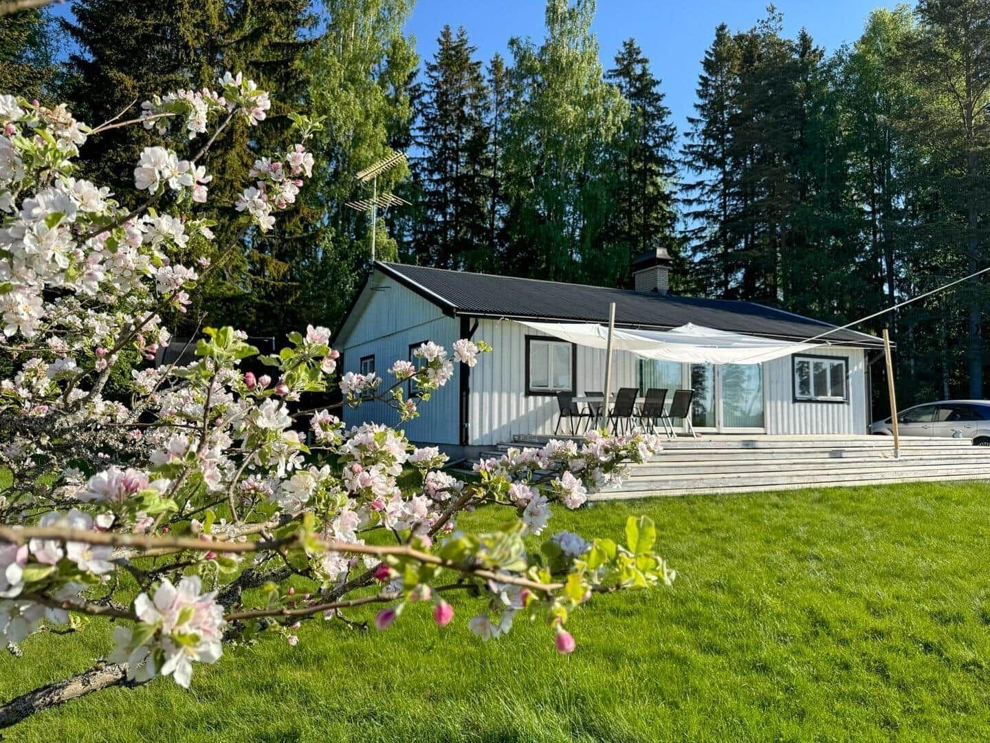 Wohnhaus mit Terrasse, Garten und blühenden Bäumen. Hintergrund: Wald.