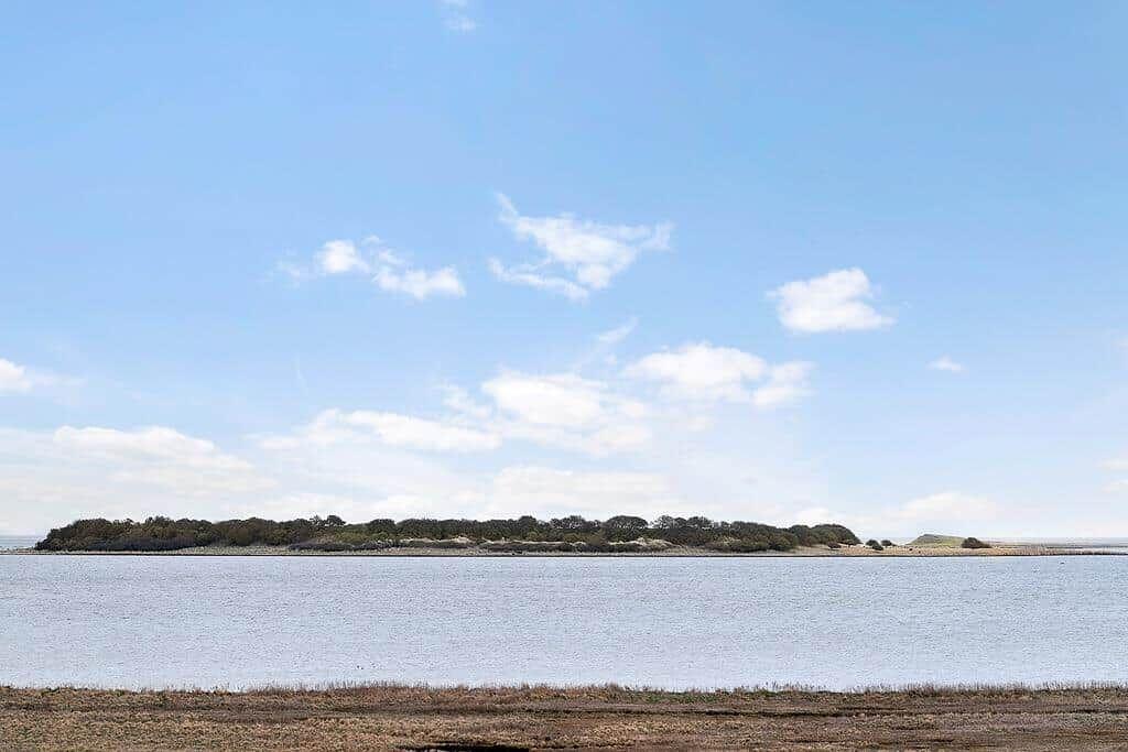 Ein ruhiger See mit einer bewaldeten Insel im Hintergrund unter blauem Himmel.