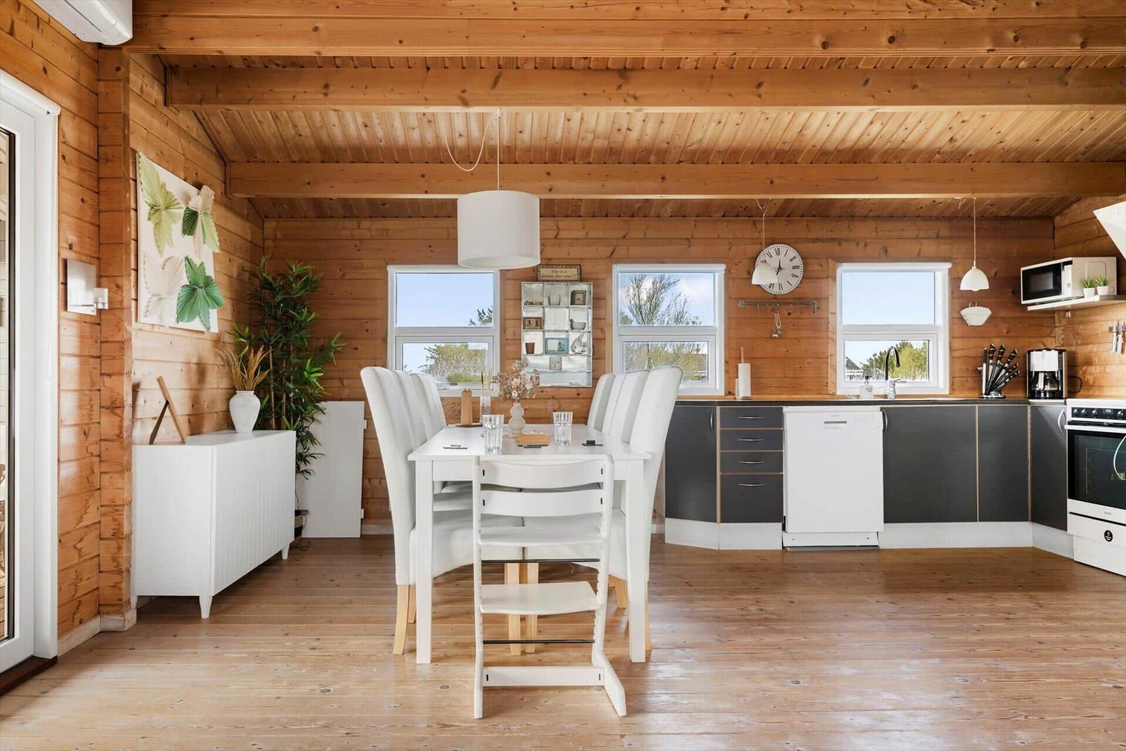 Kitchen with dining area, wooden ceiling, and windows