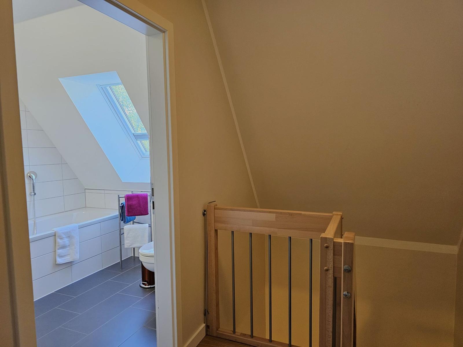 Badezimmer mit Dachfenster und Holzgeländer