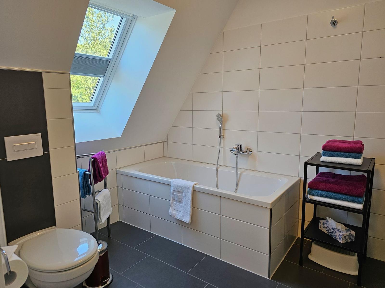 Badezimmer mit Badewanne, Dusche und Dachfenster. Handtücher und Toilette sind vorhanden.