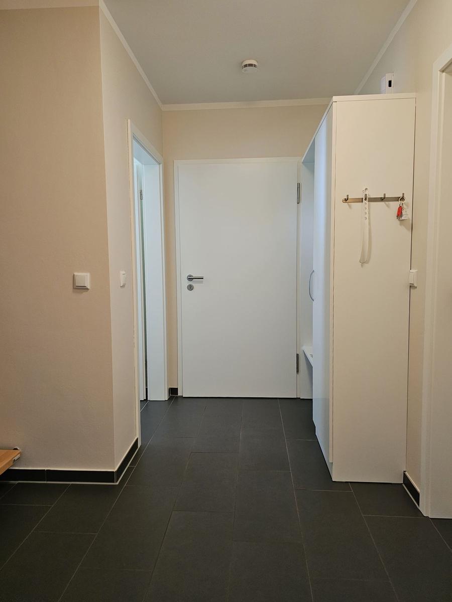 Flur mit weißer Tür, Kleiderständer und dunklem Bodenbelag.