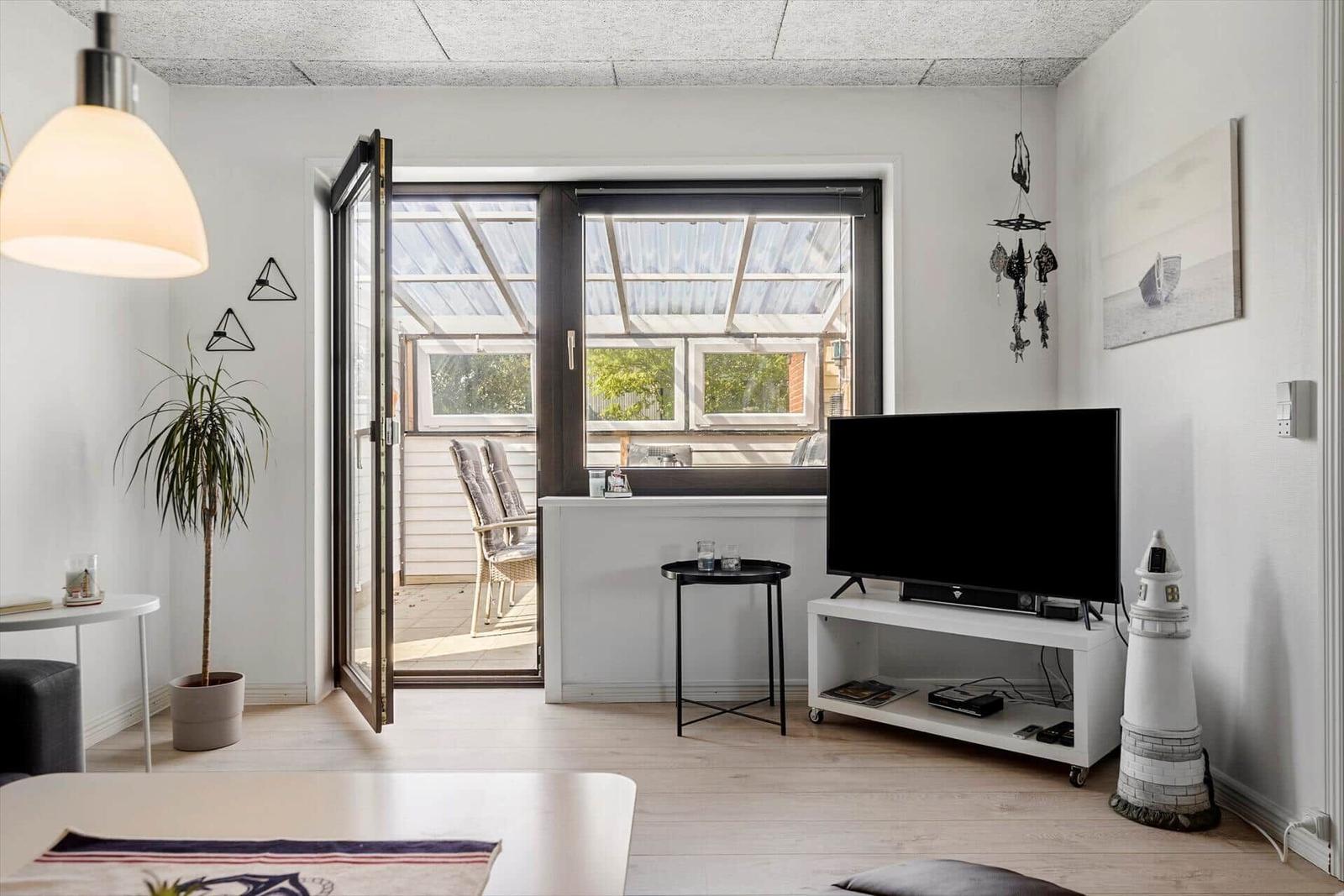 Wohnraum mit TV, Terrasse und Pflanze. Fenster und Tür offen.