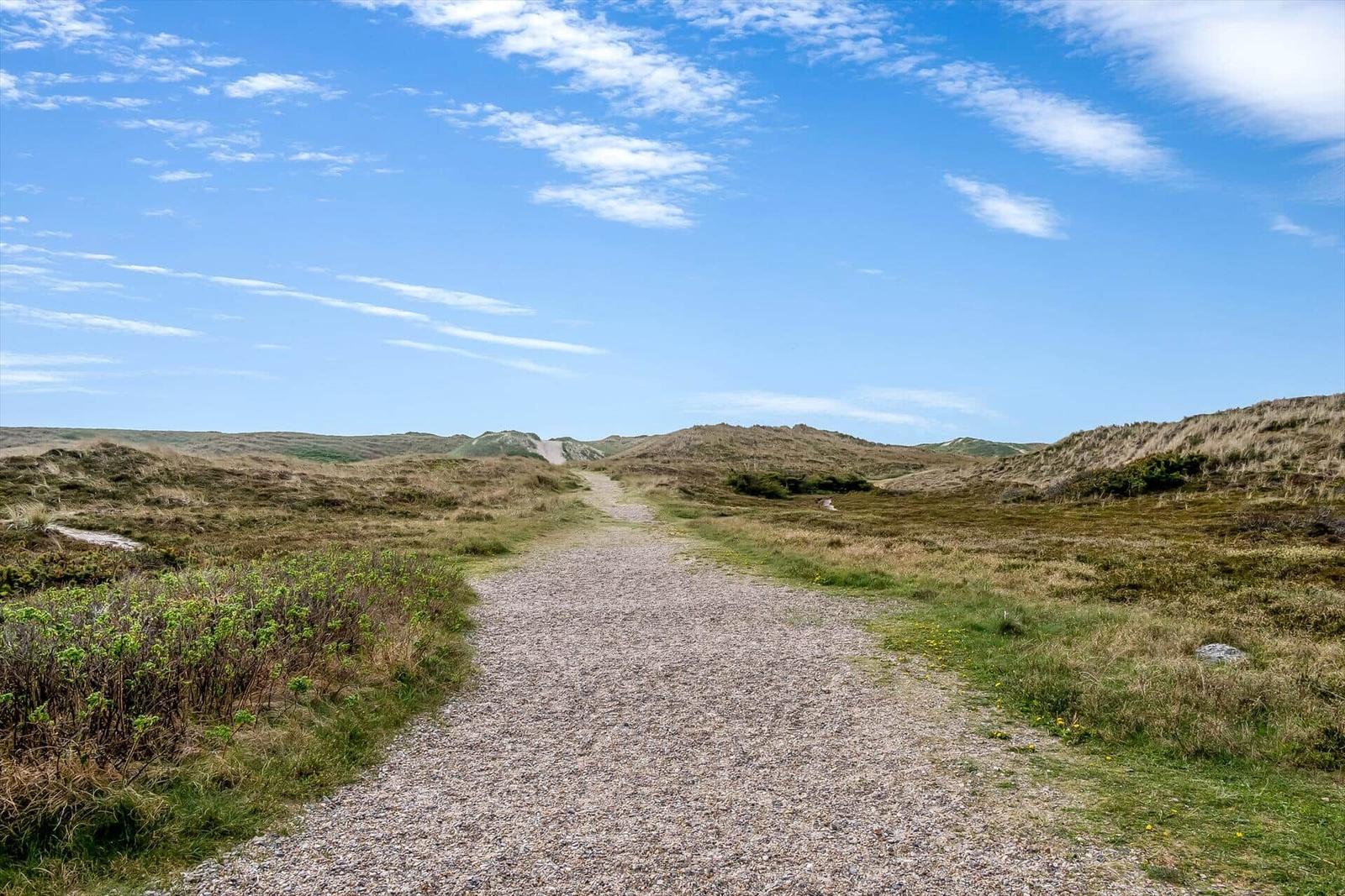 Gepflasterter Pfad durch Dünenlandschaft unter blauem Himmel mit weißen Wolken.