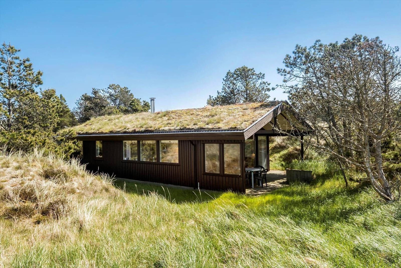 Holzhaus mit grüner Dachdecke, großflächige Fenster und Außenterrasse in ländlicher Umgebung.