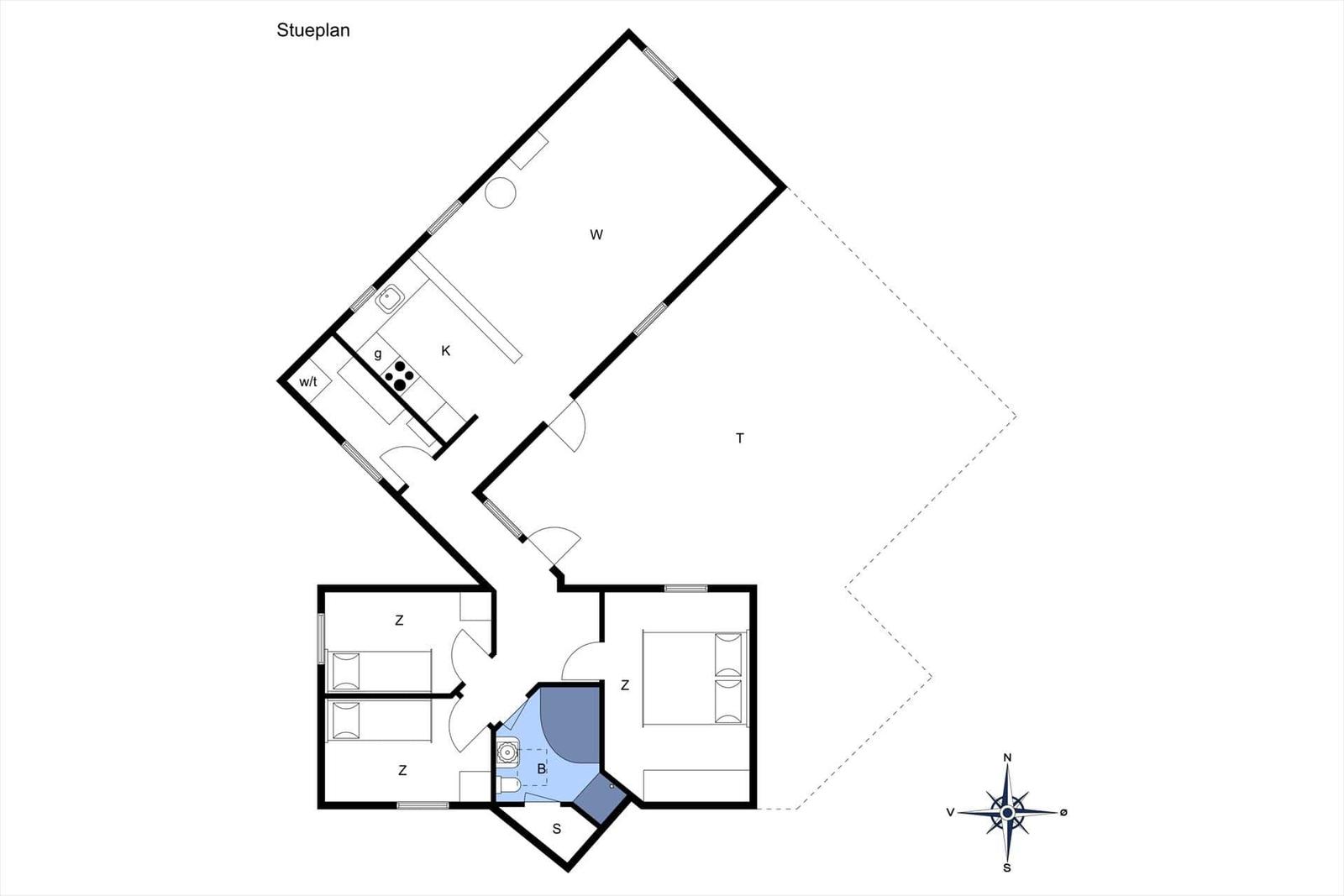 Stueplan zeigt Wohn- und Schlafzimmer, Küche und Bad.