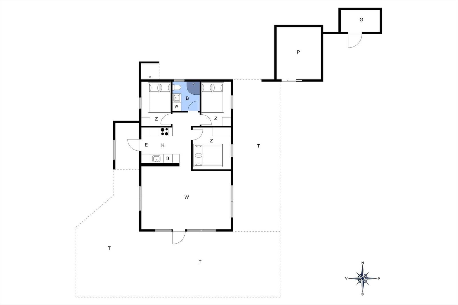 Wohnung mit Küche, Schlafzimmer und Bad. Außenbereich mit Garage.