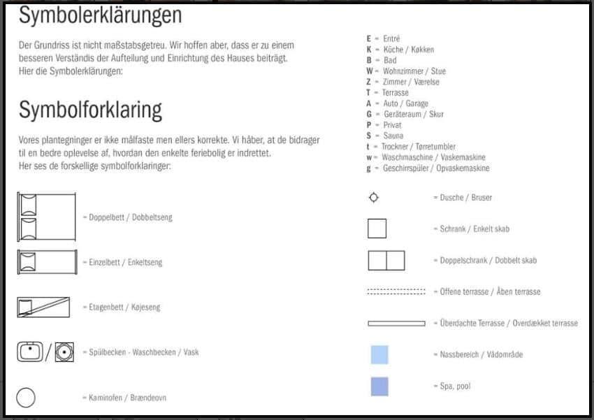 Symbolerklärung für Ferienhausplan mit Raumbezeichnungen und Möbeln.