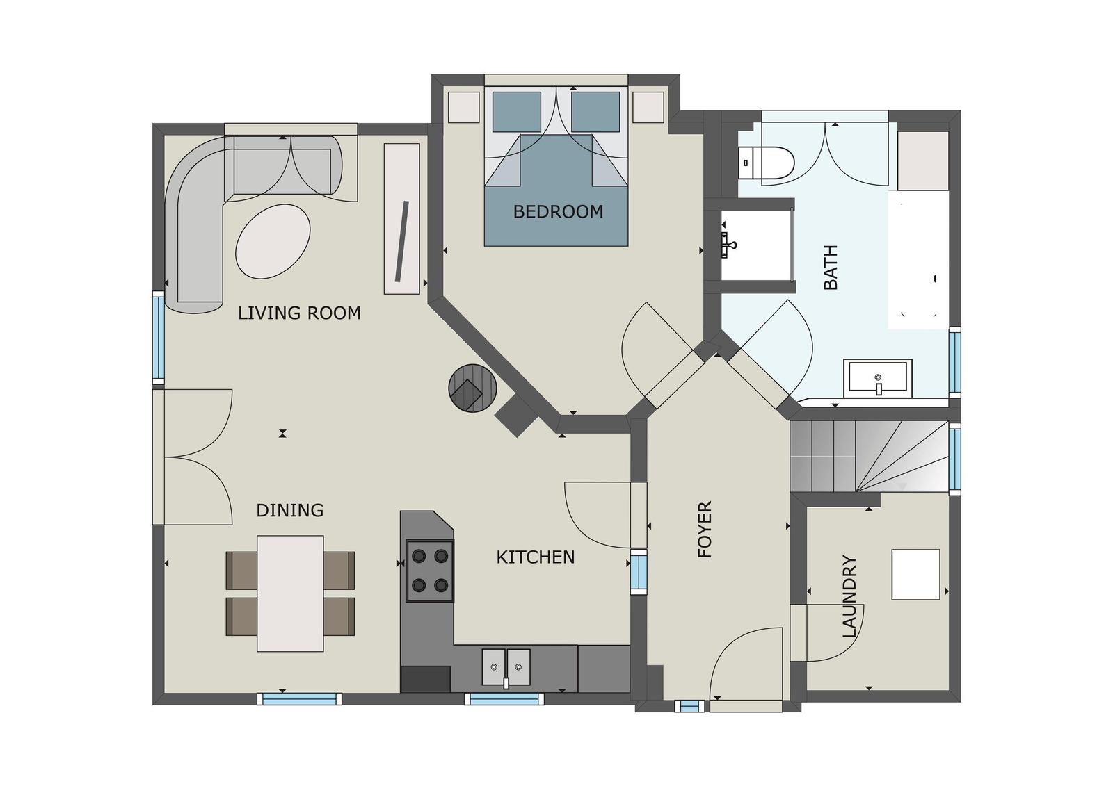 Dieses Haus hat eine Küche, ein Schlafzimmer, ein Bad und einen Wohnbereich.