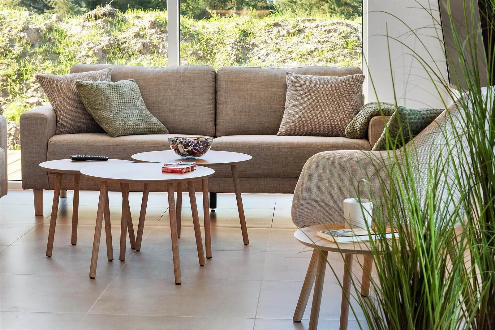 Living room with sofa, tables, and plants by large window.