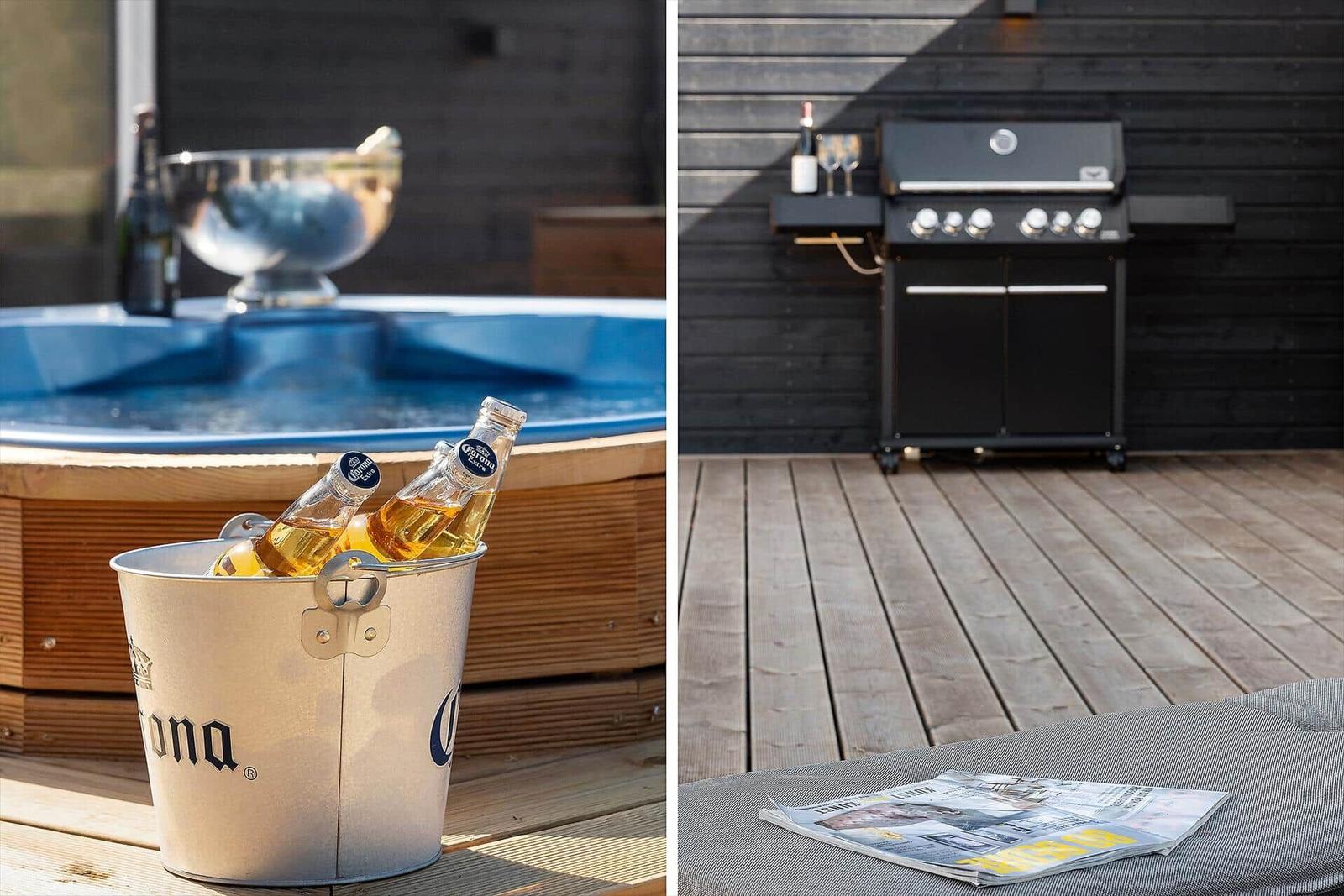 Outdoor area with hot tub and grill for relaxing days.