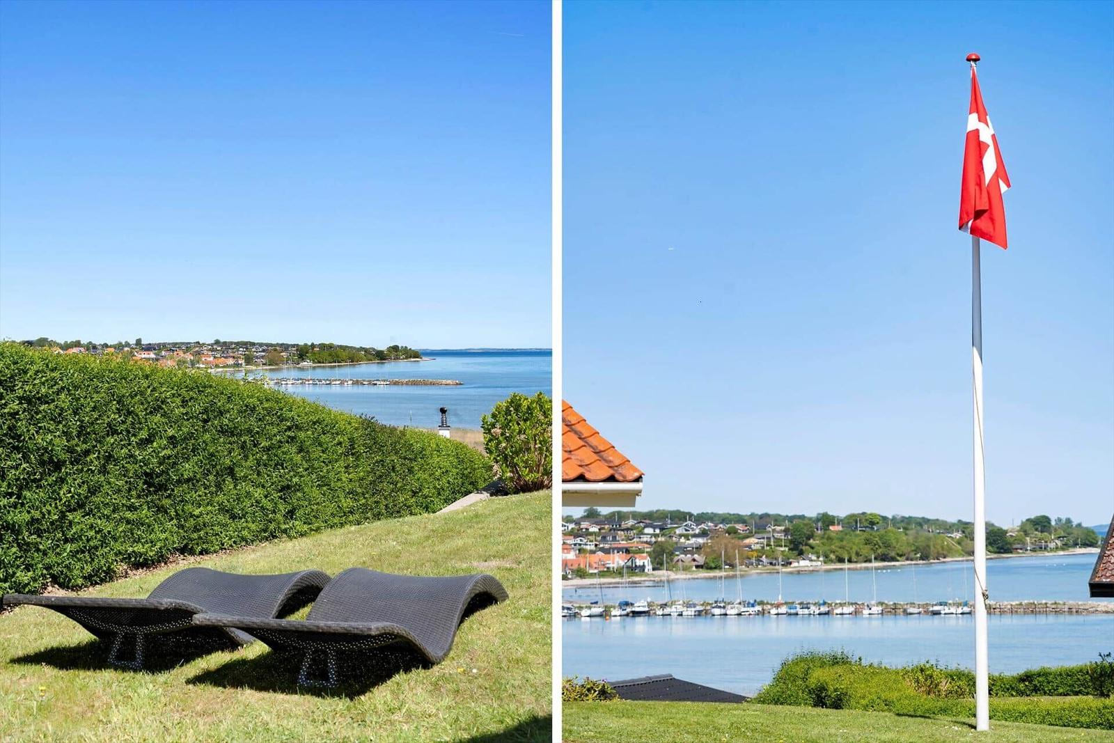 Zwei Bilder zeigen einen Garten mit Liegestühlen und eine Flagge vor einem Hafen.
