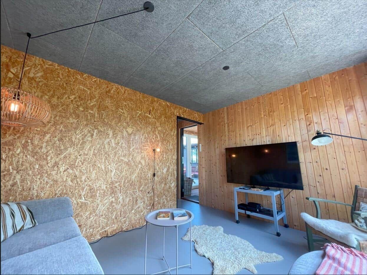 Wohnzimmer mit Sofa, Fernseher und Holzwand. Tür führt nach draußen.
