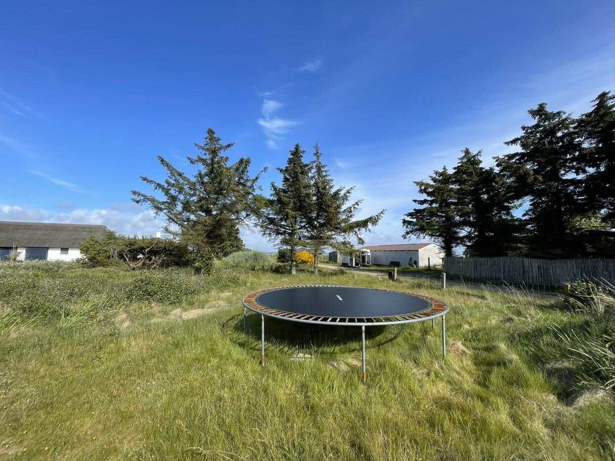 Ein Trampolin steht auf einer grünen Wiese unter blauem Himmel.
