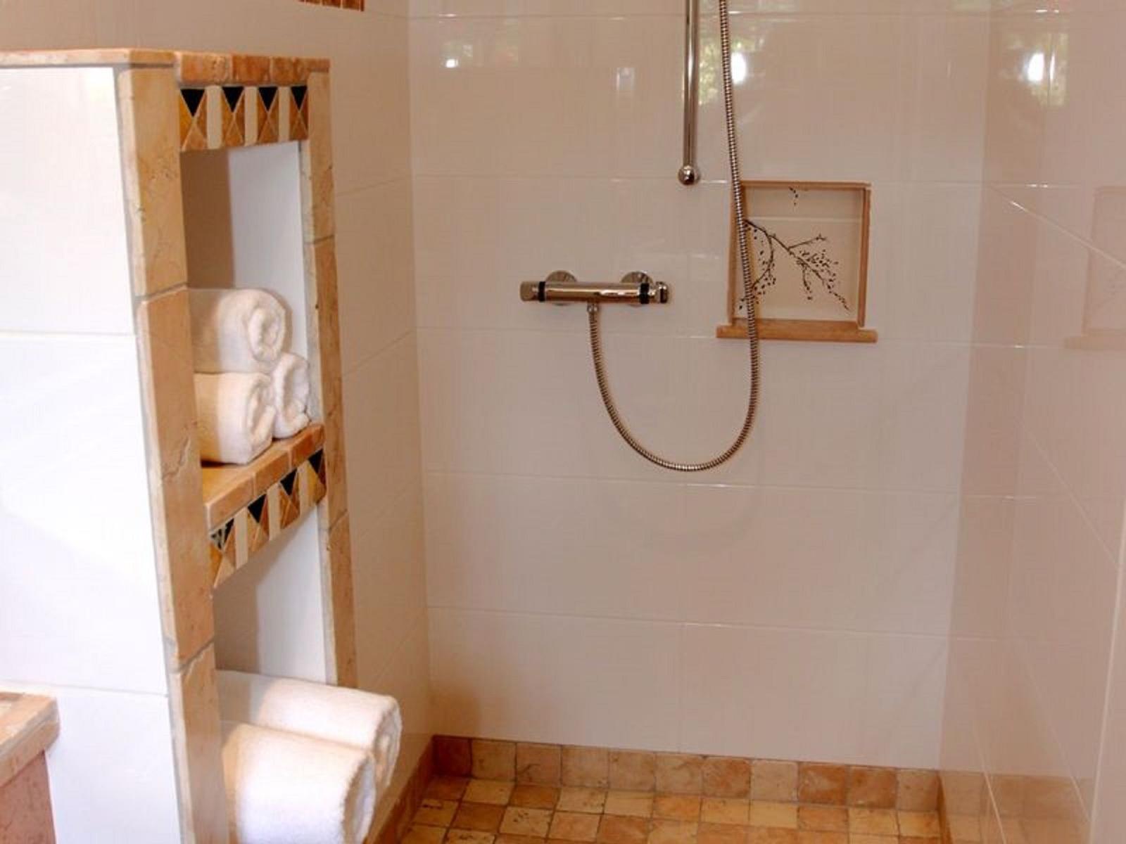 Dusche mit Duschbrause, Handtuchhalter und Bodenfliesen.