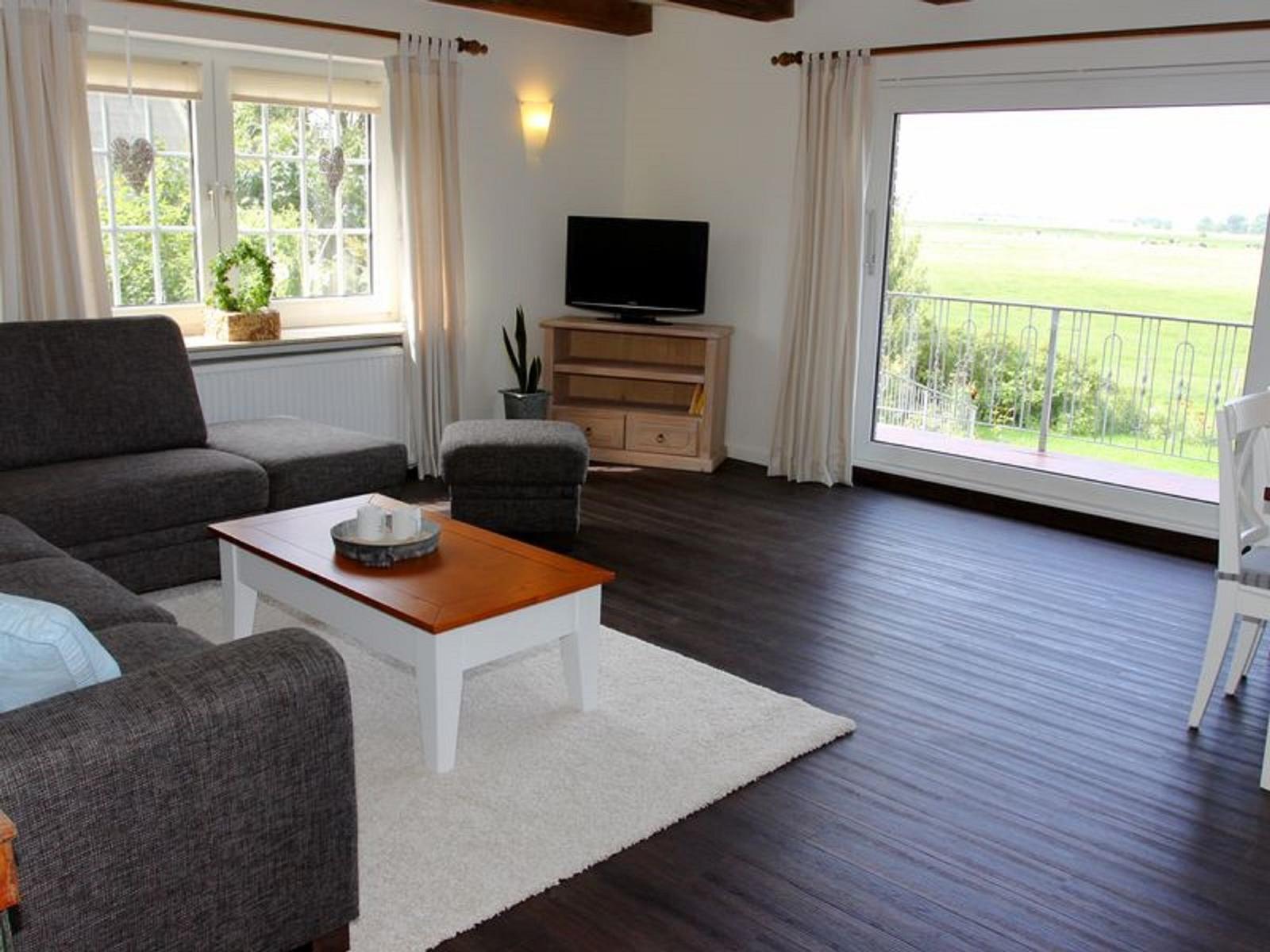 Wohnzimmer mit Sofa, Couchtisch und TV. Balkon mit Blick auf Feld.