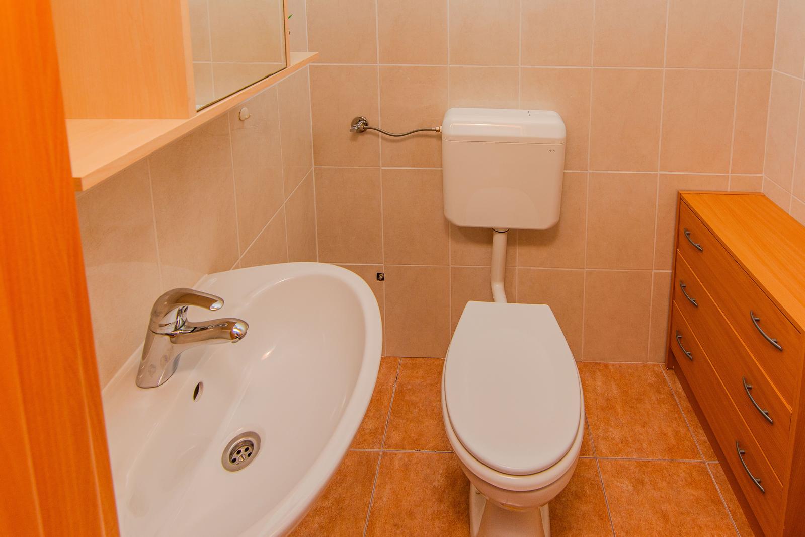 Badezimmer mit Waschbecken, Toilette und Holzschrank.