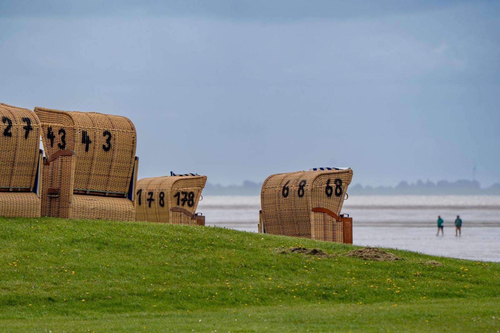 Wicker Strandkörbe mit Nummern stehen auf einer grünen Wiese am Strand.