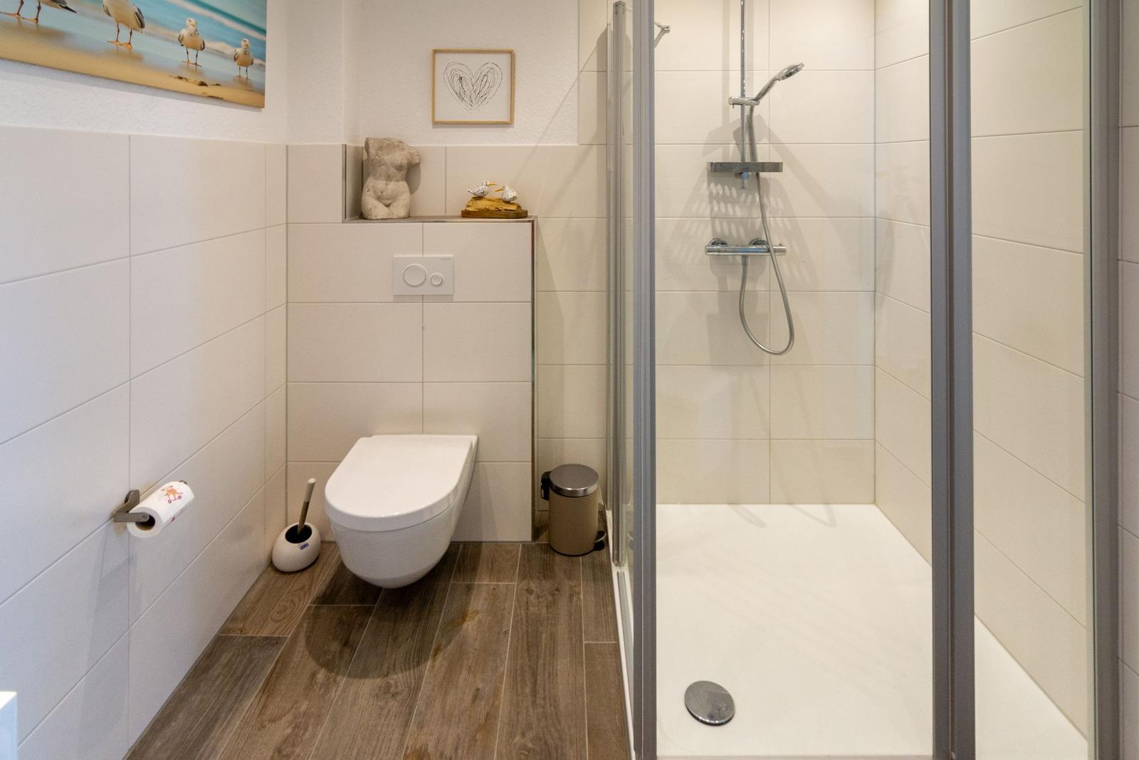 Bad mit Dusche, Toilette und Holzboden