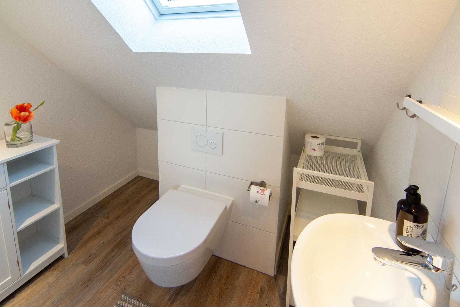Badezimmer mit Toilette, Waschbecken und Dachschräge mit Dachfenster.