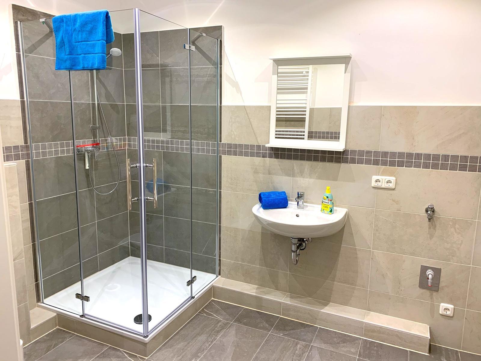 Badezimmer mit Dusche, Waschbecken und Spiegel.