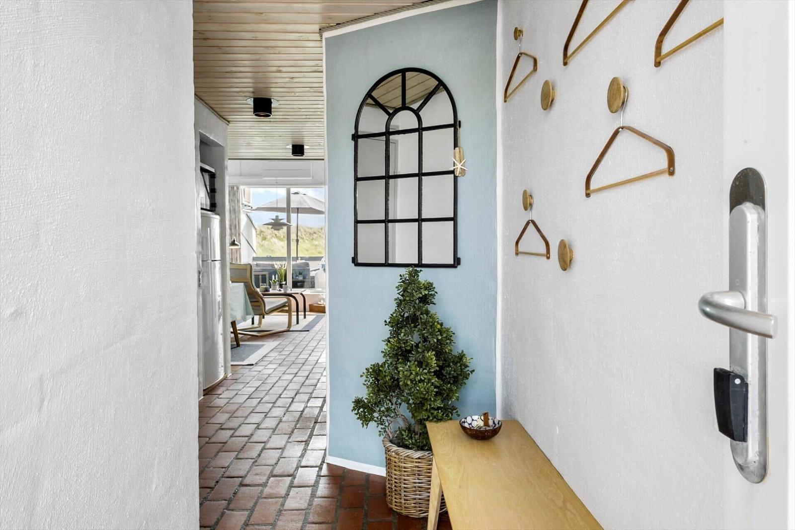 Entrance with mirror, plant, and coat hooks on the wall.