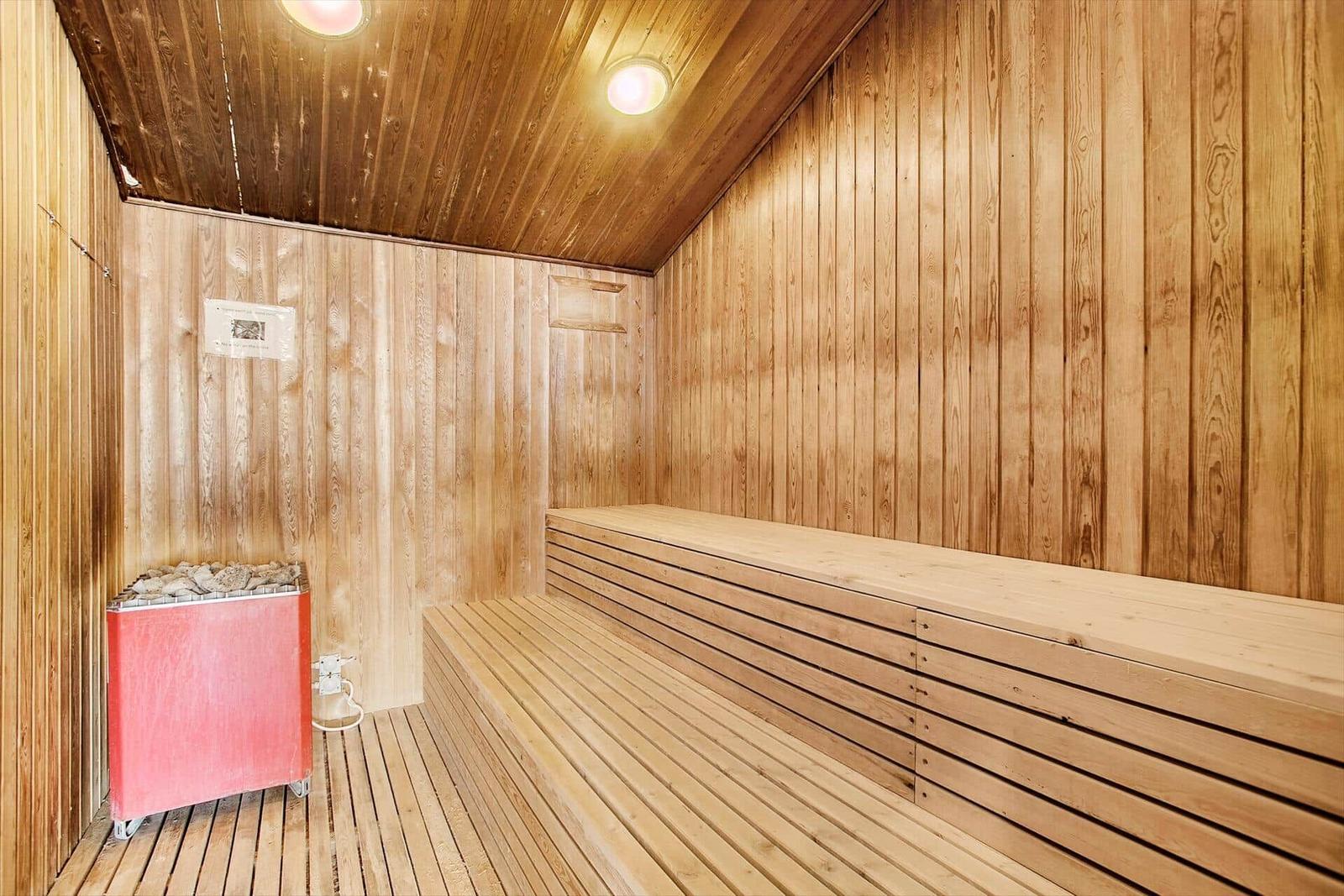 Sauna with wooden walls, benches, and stone heater.