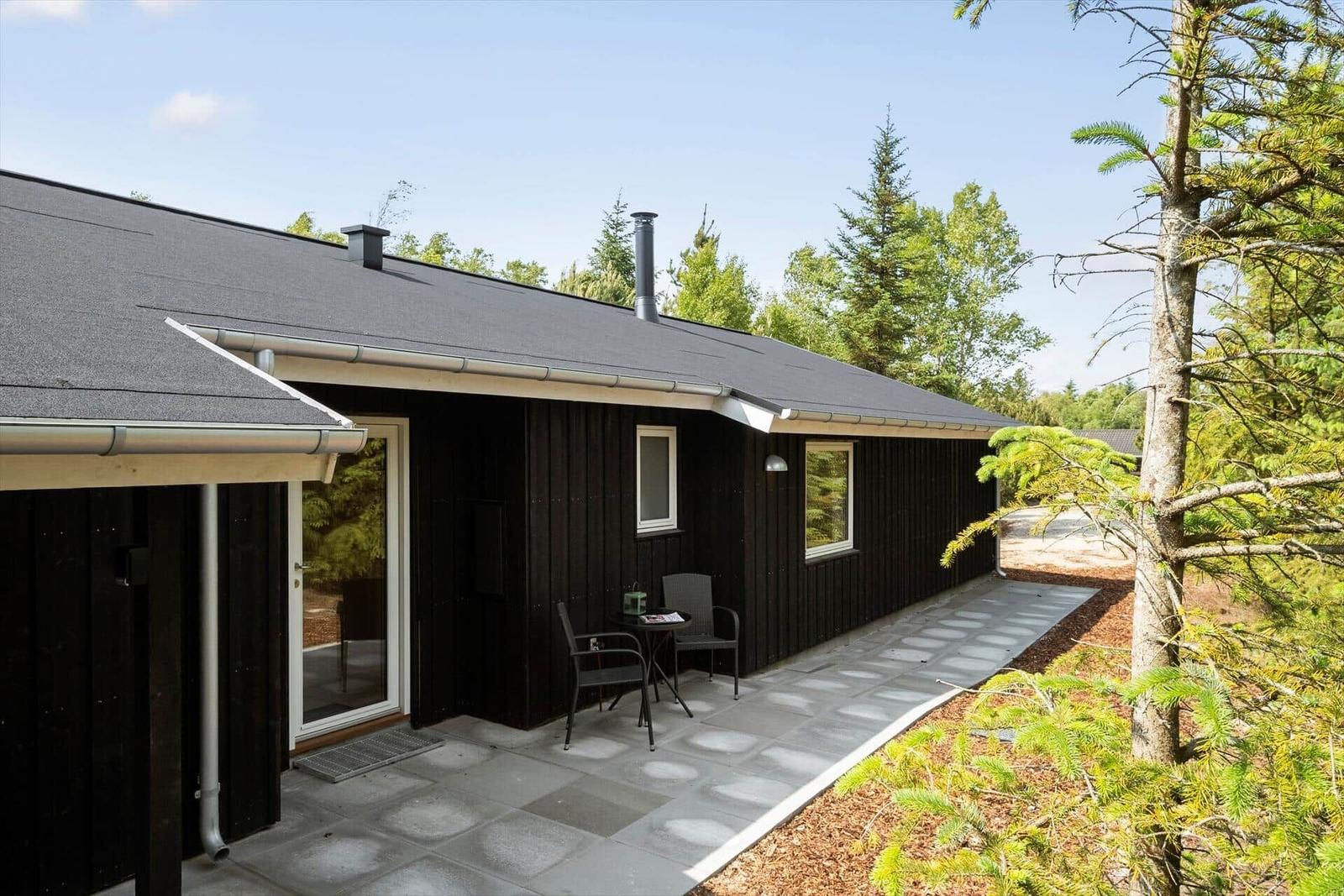 Moderne Holzhütte mit Terrasse und Garten. Schwarze Fassade, Fenster und Türen.