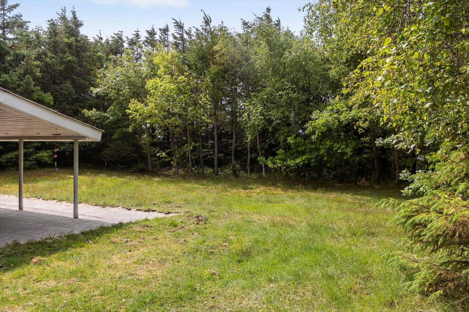 Grüner Rasenbereich mit Pavillon und Wald im Hintergrund.