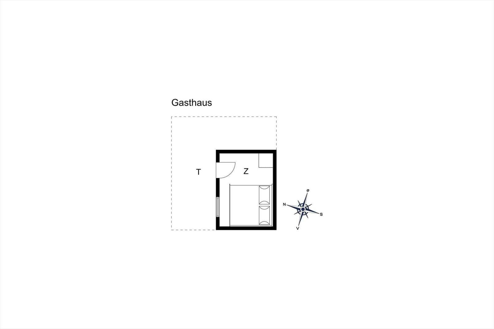 Gasthausgrundriss mit Schlafzimmer und Toilette. Orientierung mit Kompass.